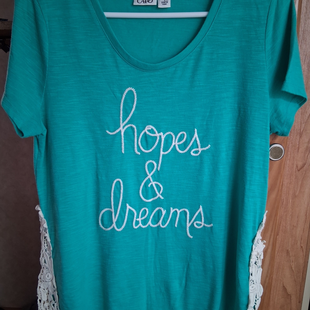 Cato Teal 'Hopes & Dreams' Embroidered Short Sleeve Top